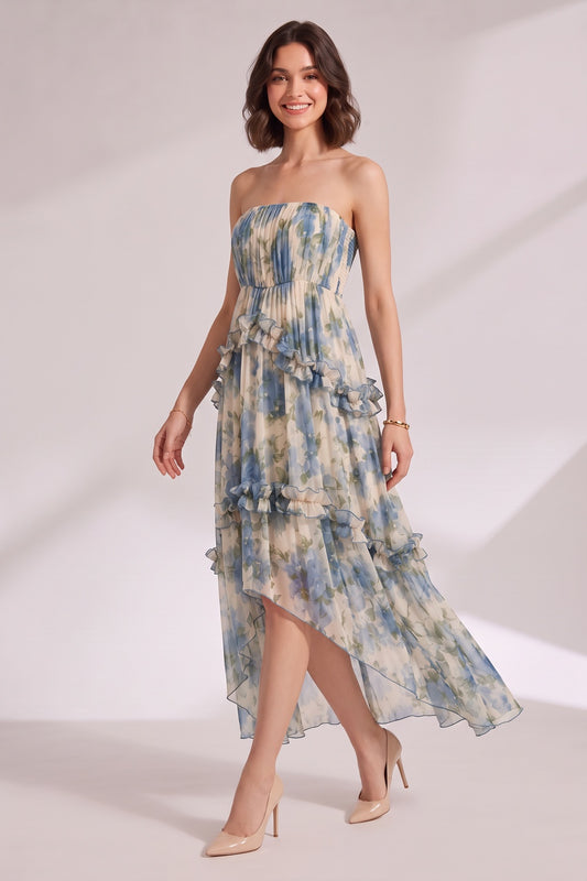 Blue Floral Strapless Tiered Midi Dress Premium Fabric - product view 2