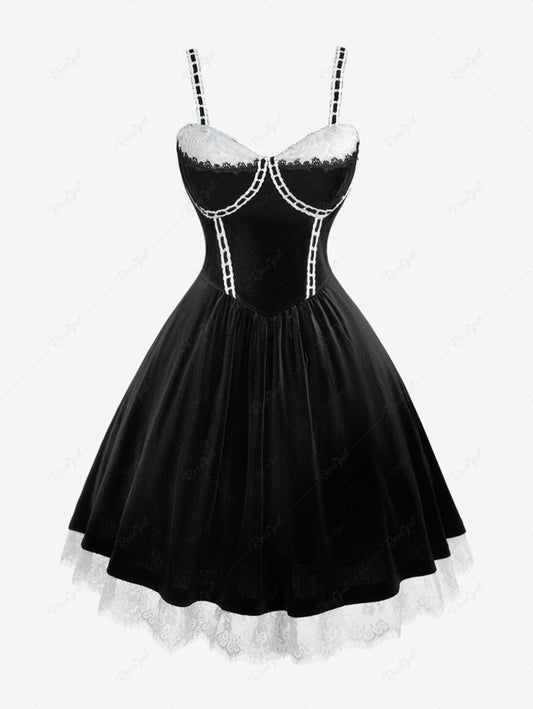 Gothic Plus Size Rose Flower Mesh Jacquard Lace Trim Contrast Piping Velvet A Line Dress
