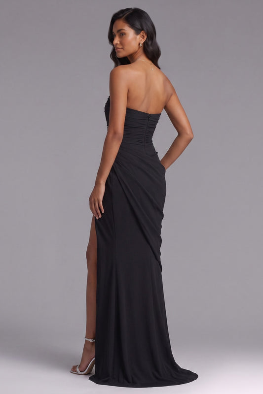 black crepe column with asymmetrical drape evening gown black crepe evening gown - product view 2