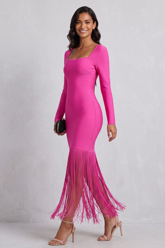 Pink Long Sleeve Fringe Midi Dress Premium Fabric - product view 2