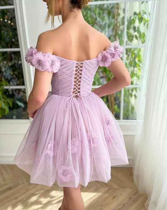 LACE FLORAL-EMBELLISHED MINI DRESS IN LILAC