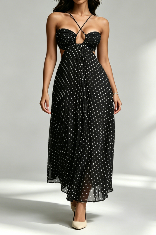 Black White Polka Dot Crisscross Strappy Cutout Pleated Midi Dress