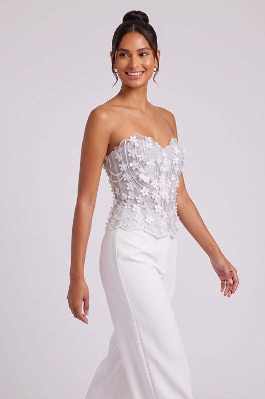 Light Grey Mesh Structured Corset Top with Floral Appliqué light grey mesh corset top - product view 3