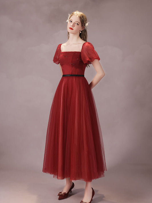 A-Line Burgundy Tulle Tea Dress