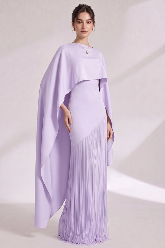 Lavender Structured Crepe Column Evening Gown with Asymmetrical Cape Overlay Lavender Structured crepe Evening gown - product view 2