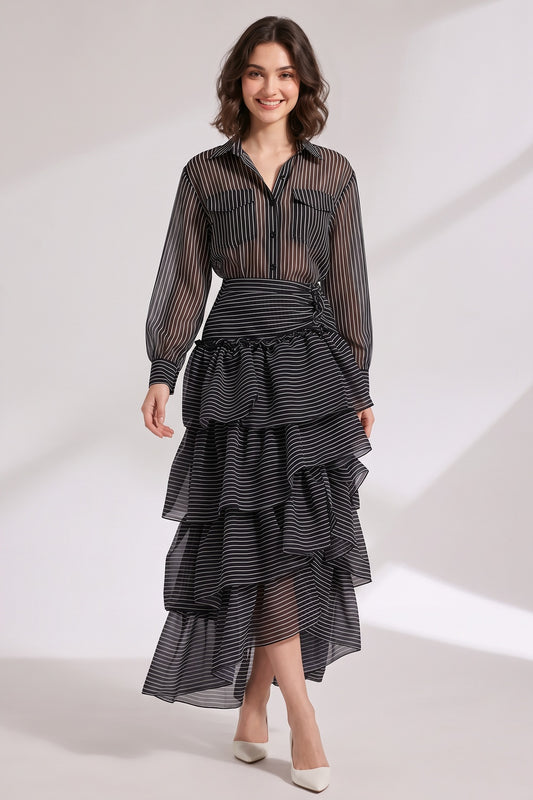 black sheer organza or chiffon fitted shirt with high-waisted tiered maxi skirt two-piece matching set black sheer organza or chiffon two-piece matching set - product view 1