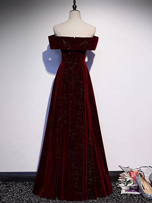 A-Line Off Shoulder Velvet Burgundy Dress