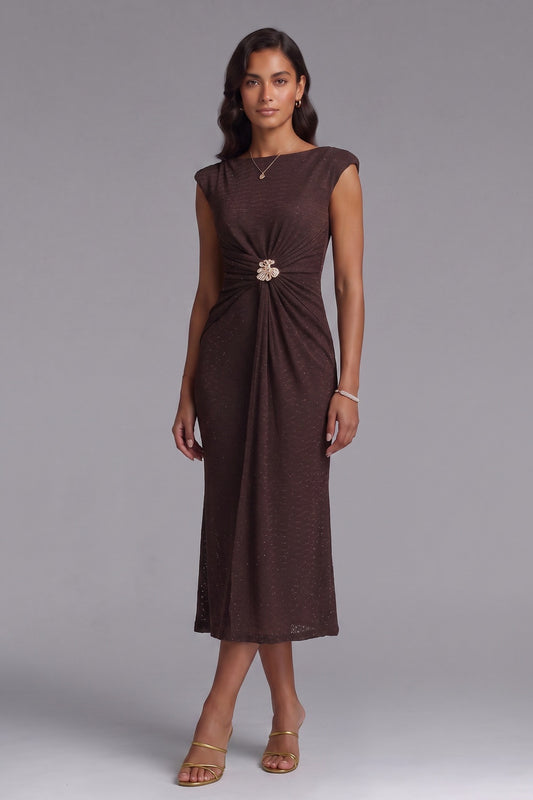 Dark Brown Textured Knit Fitted Sheath Dress with Brooch dark brown textured knit dress - product view 2