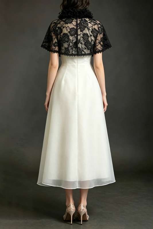 Black Lace Capelet Organza Midi Formal Dress