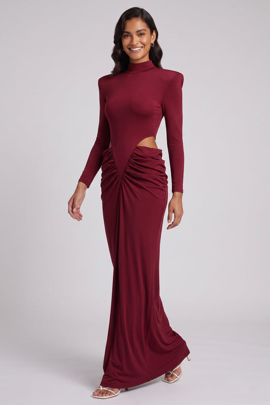 Burgundy Stretch Jersey Column Gown with Structured Shoulders burgundy stretch jersey gown - product view 1