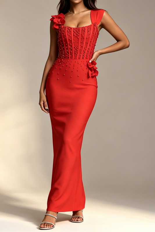 Red Square Neck Sleeveless Corset Beaded 3D Floral Bodycon Mermaid Maxi Dress