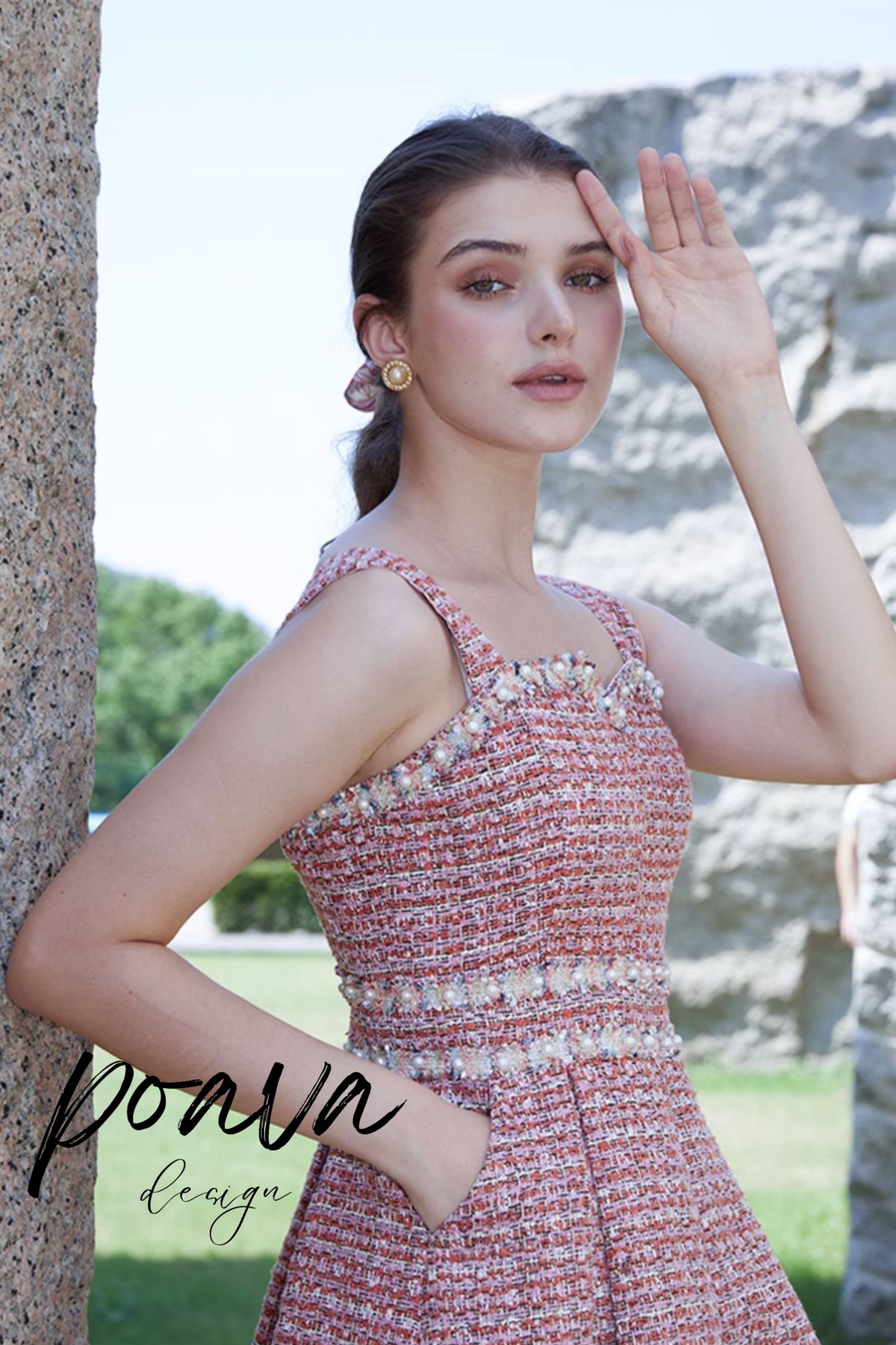 Embellished tweed dress set in pink
