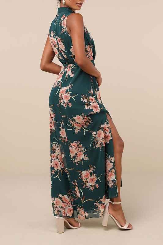 Emerald Floral Mock Neck Maxi Dress