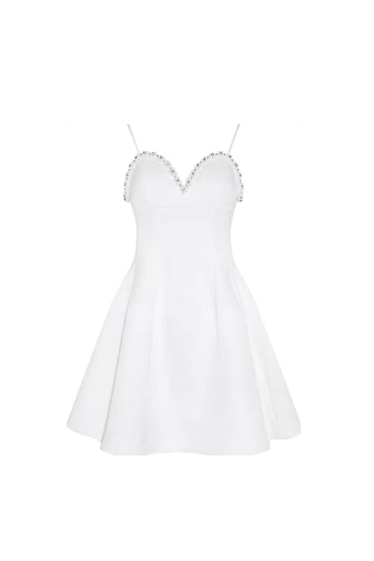 PEARL EMBELLISHED HTM MINI DRESS IN WHITE