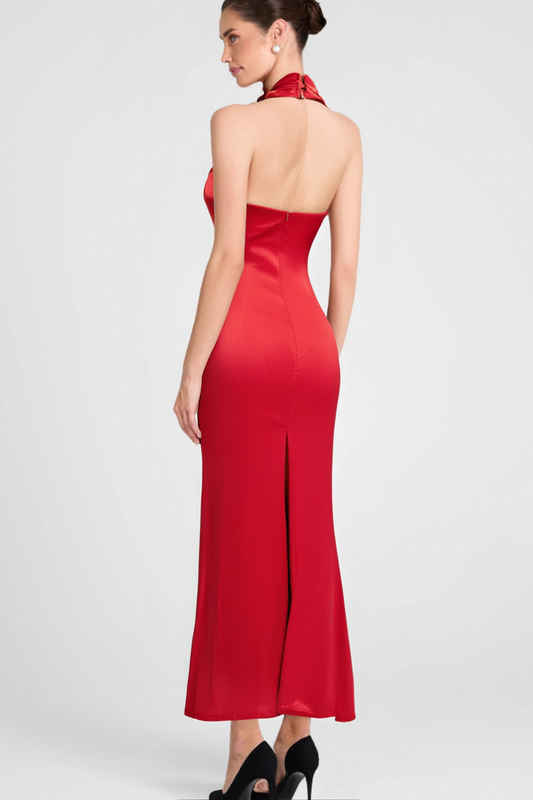 HALTER DRAPED SATIN MERMAID MAXI DRESS IN RED