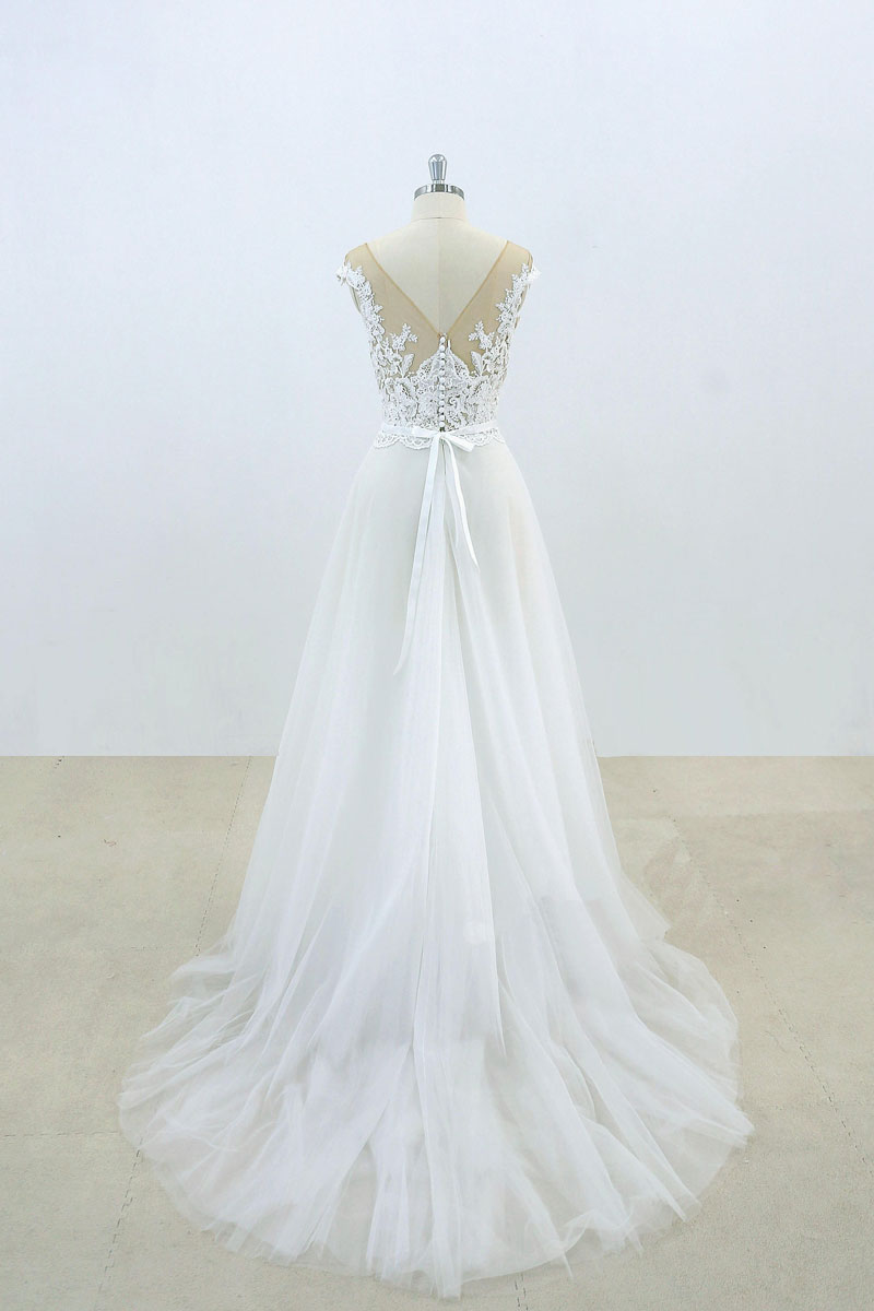White lace tulle prom dress