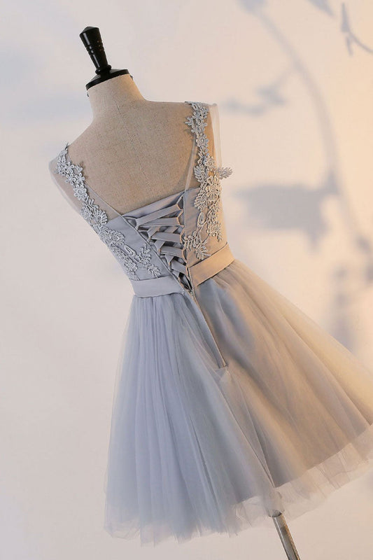 gray tulle lace mini prom dress