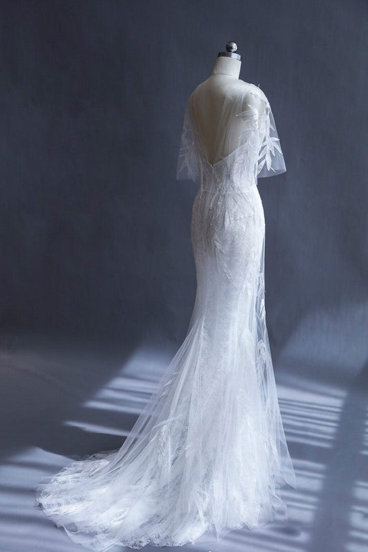 White mermaid v neck tulle dress