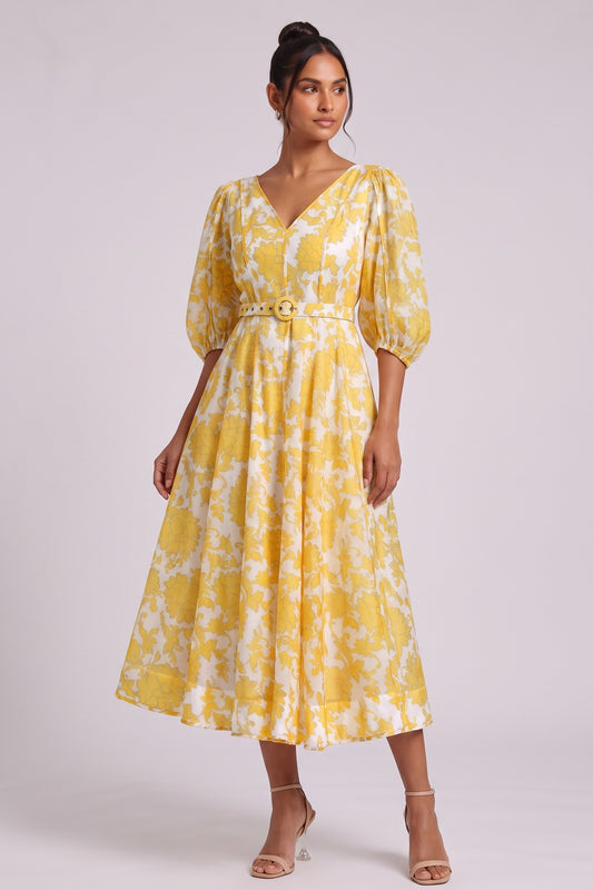 Yellow Floral Midi Dress with Belt Premium Fabric - product view 2
