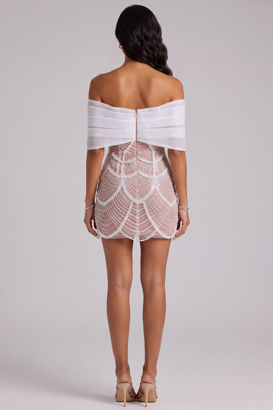 Off Shoulder Organza Pearl Beaded Mini Bodycon Dress