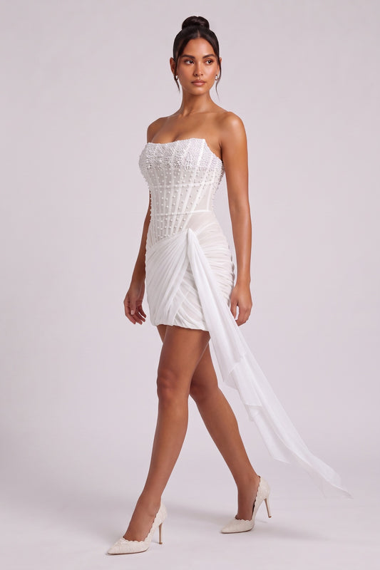 White Structured Crepe Fitted Corset Mini Dress with Draped Wrap Skirt white structured crepe mini dress - product view 3
