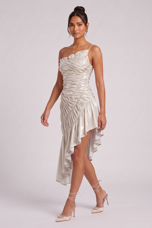 Champagne Gold Metallic Ruched Asymmetrical Dress champagne gold, pale silver metallic synthetic blend dress - product view 2