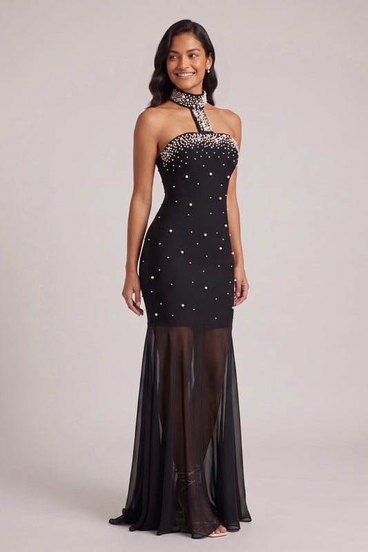 Black Pearl-Embellished Halter Mermaid Gown Premium Fabric - product view 2