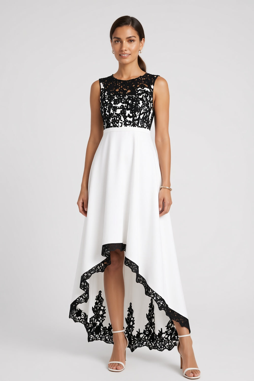 White Black Floral Lace A-line High-low Evening Dress Sleeveless Round Neck White White structured fabric (composition unknown) Evening Dress - product view 4