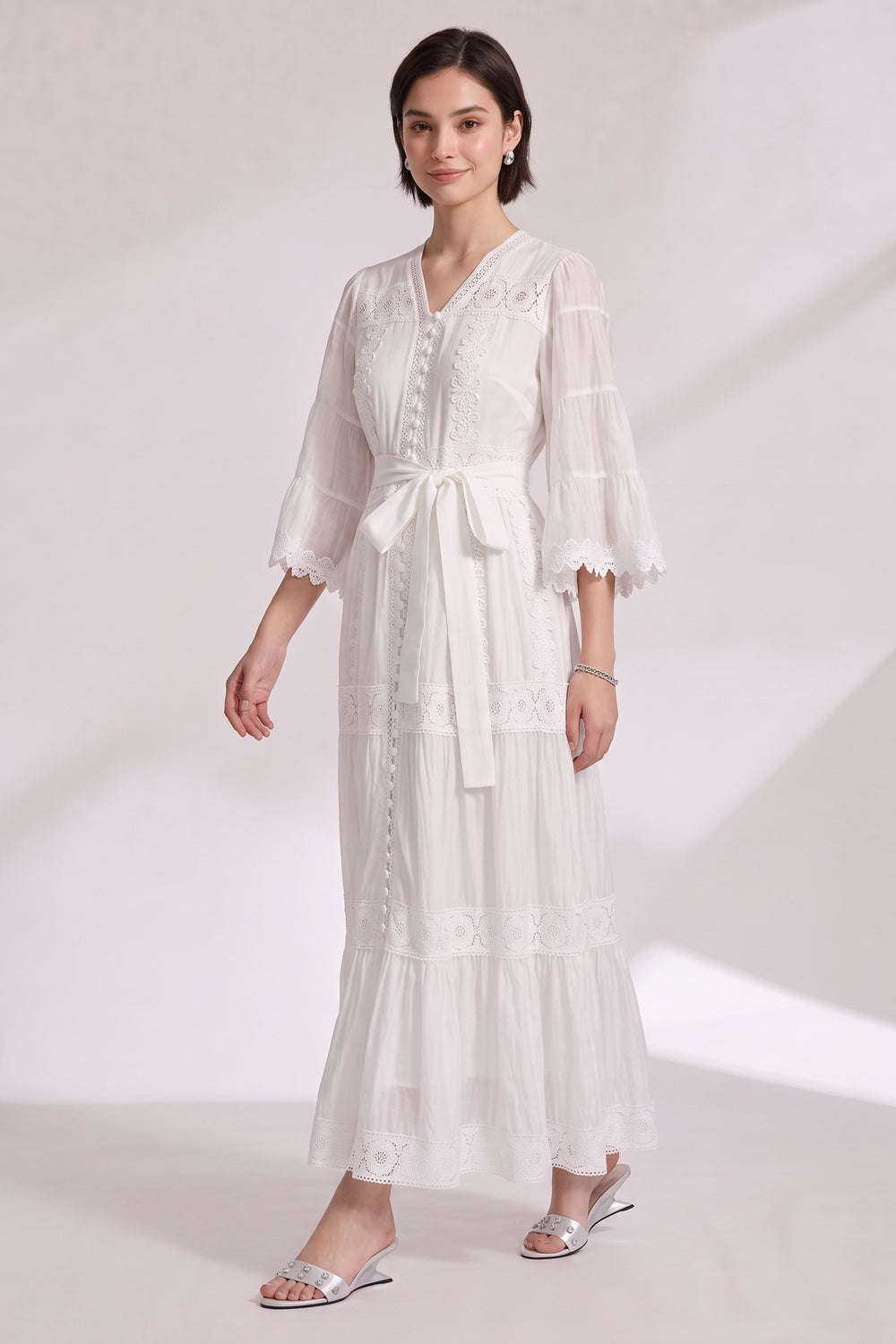 White A-Line Tiered Maxi Dress with Lace Inserts white lightweight cotton or linen blend dress - product view 4