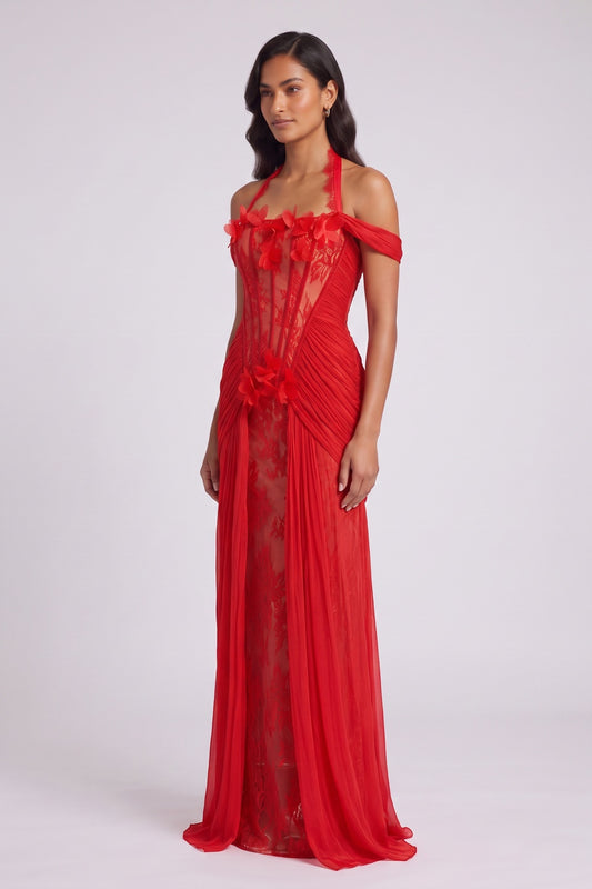 Red Halter Neck Floor-Length Gown with Floral Appliqué Premium Fabric - product view 1