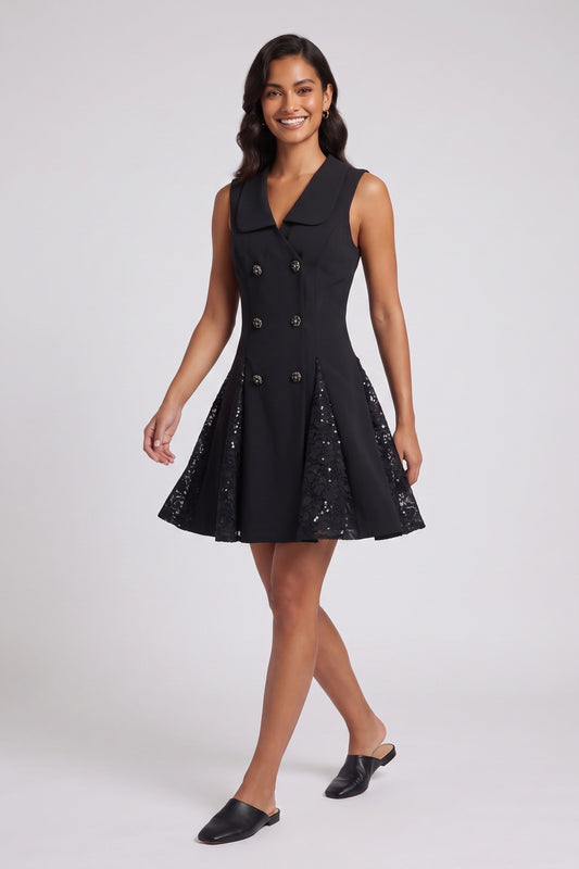 black structured matte crepe A-line, fit-and-flare dress black structured matte crepe dress - product view 1