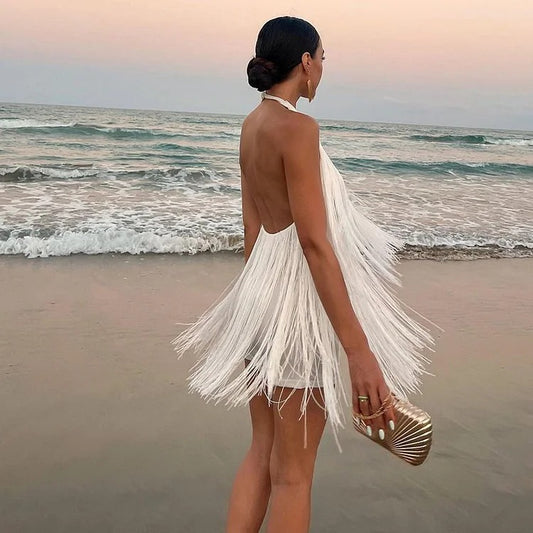 Ivy Fringe Trim Mini Dress In White
