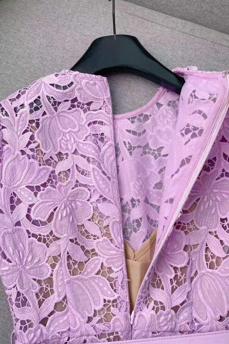 Lilac Short Sleeve Floral Lace Midi Dress