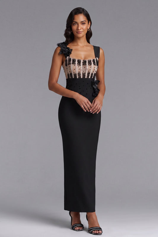 Black Structured Crepe Column Evening Gown with Beaded Bodice black structured crepe evening gown - product view 1