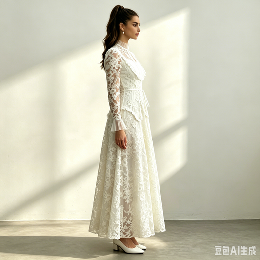 Cream Floral Lace Ruffle High Neck Long Sleeve Belted Maxi Dress