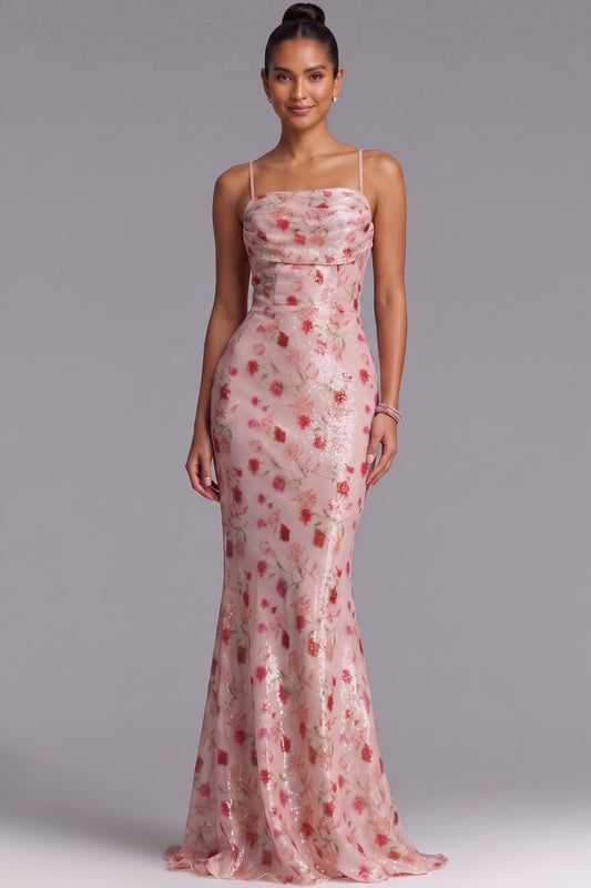 Blush Pink Floral Sequin Mermaid Gown with Lace-Up Back Premium Fabric - product view 3
