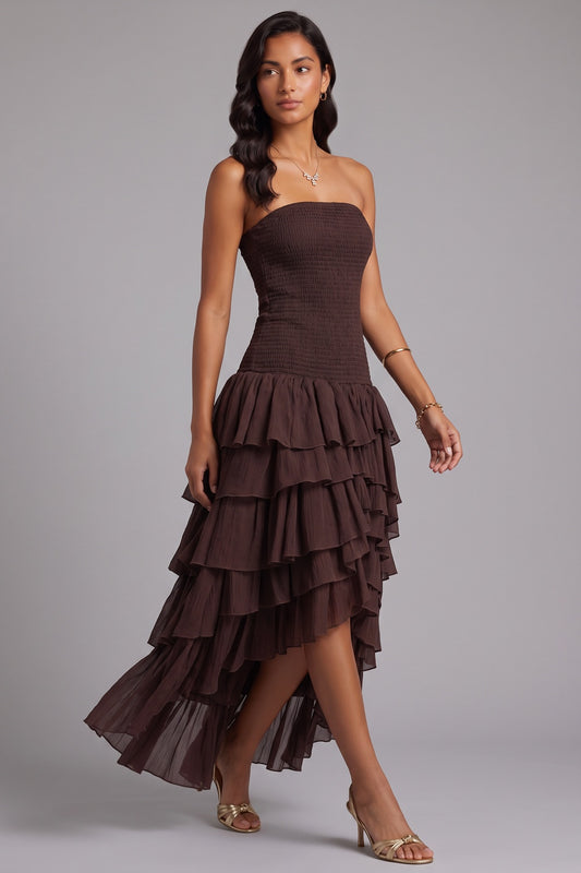 Strapless Smocked Tiered High Low Midi Dress