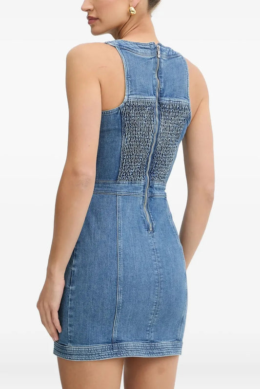selena buttoned lace-up sleeveless mini dress in navy blue