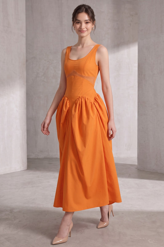 Bright Orange Fit-and-Flare Balloon Skirt Midi Dress bright orange cotton poplin or structured taffeta dress - product view 2