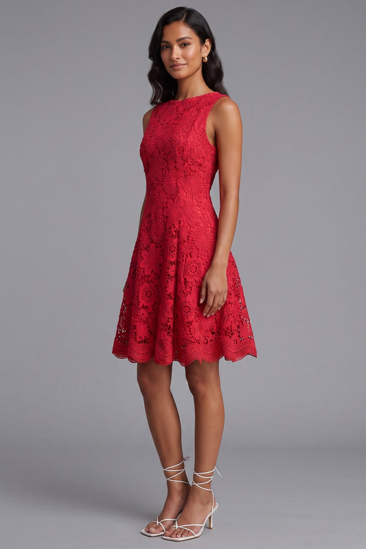 Red Guipure Lace Fit-and-Flare Dress red guipure lace dress - product view 1
