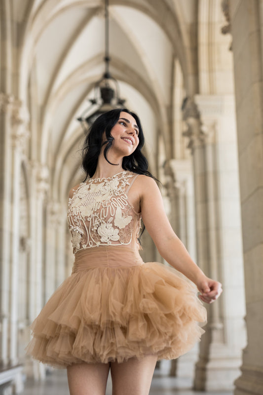 Ballerina | Beige Tulle Mini Dress with 3D Applique