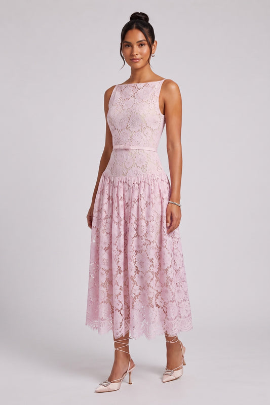 Light Pink Floral Lace A-Line Midi Dress light pink floral lace midi dress - product view 1