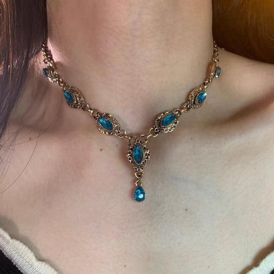 Vintage Blue Crystal Gem Statement Choker Necklace