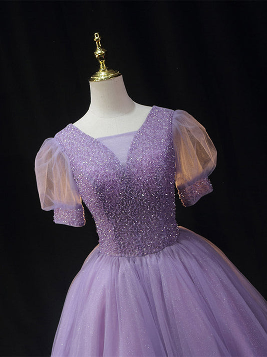Purple V Neck Tulle Beading Sequin midi Prom Dress