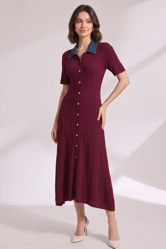 burgundy ribbed knit A-line dress burgundy ribbed knit dress - product view 3