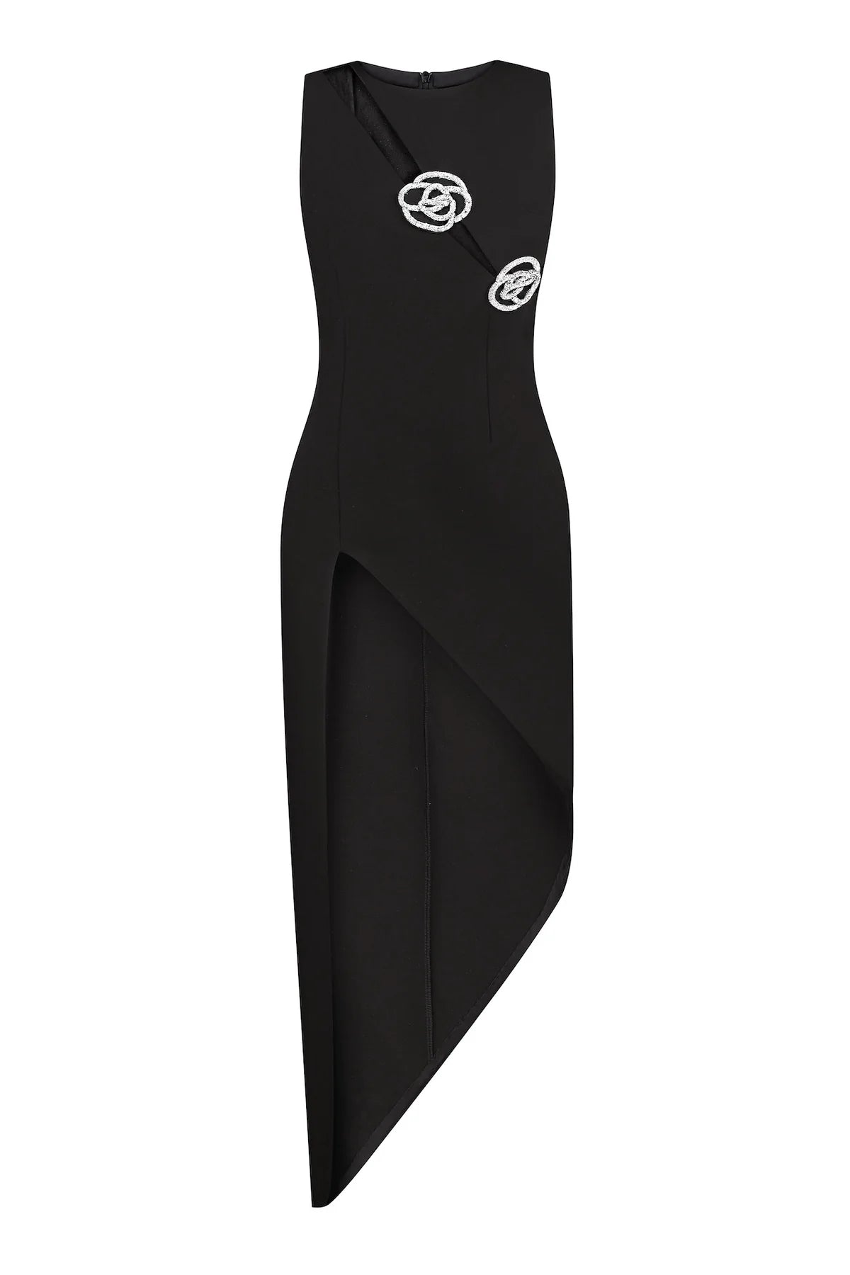 Crystal Rose Detailed High-Slit Black Dress