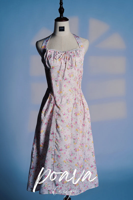 PINK MEADOW PRINT COTTON HALTER MIDI SUNDRESS