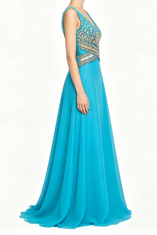 Turquoise Rhinestone Embellished V-Neck Chiffon Evening Gown