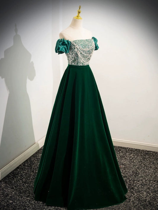 A-Line Velvet Sequin Beads Green Dress
