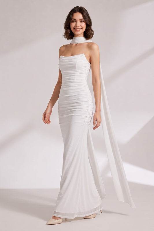 white ruched mesh fitted column evening gown white, yellow ruched mesh evening gown - product view 1